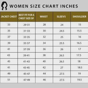 May include: A size chart table titled WOMEN SIZE CHART INCHES with columns for size, jacket chest, best fit for a chest size of, waist, sleeves, shoulder, and hips. The table lists measurements in inches for sizes ranging from XS to 6XL in rows.