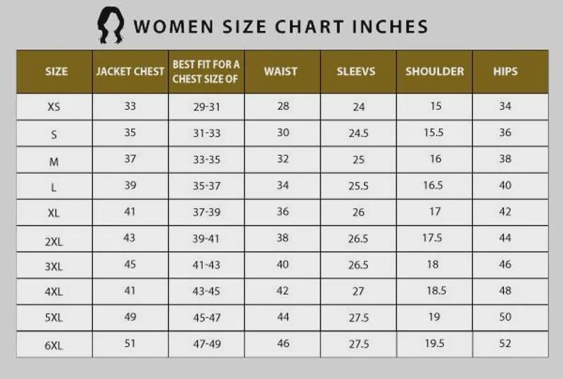 May include: A size chart table titled WOMEN SIZE CHART INCHES with columns for size, jacket chest, best fit for a chest size of, waist, sleeves, shoulder, and hips. The table lists measurements in inches for sizes ranging from XS to 6XL in rows.