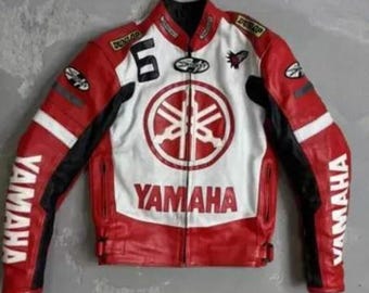 Yamaha Jacket Yamaha Rocket Red & White Leather Racing Jacket Premium Genuine Leather Biker Gear YAMAHA MotoGP Leather Jacket