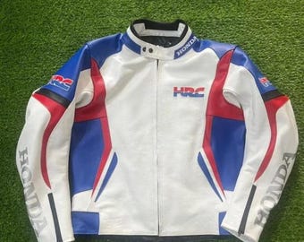 Honda HRC Racing Leather Jacket White Red & Blue Premium Biker Jacket for Men Genuine Cowhide Motorcycle Gear Honda Riding Apparel