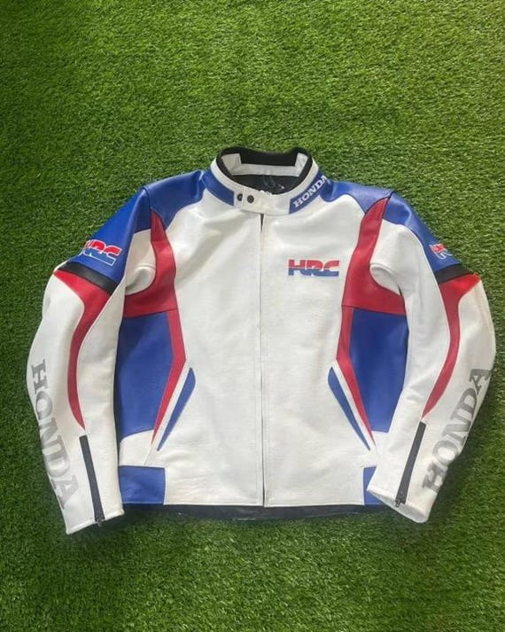 Honda HRC Racing Leather Jacket White Red & Blue Premium Biker