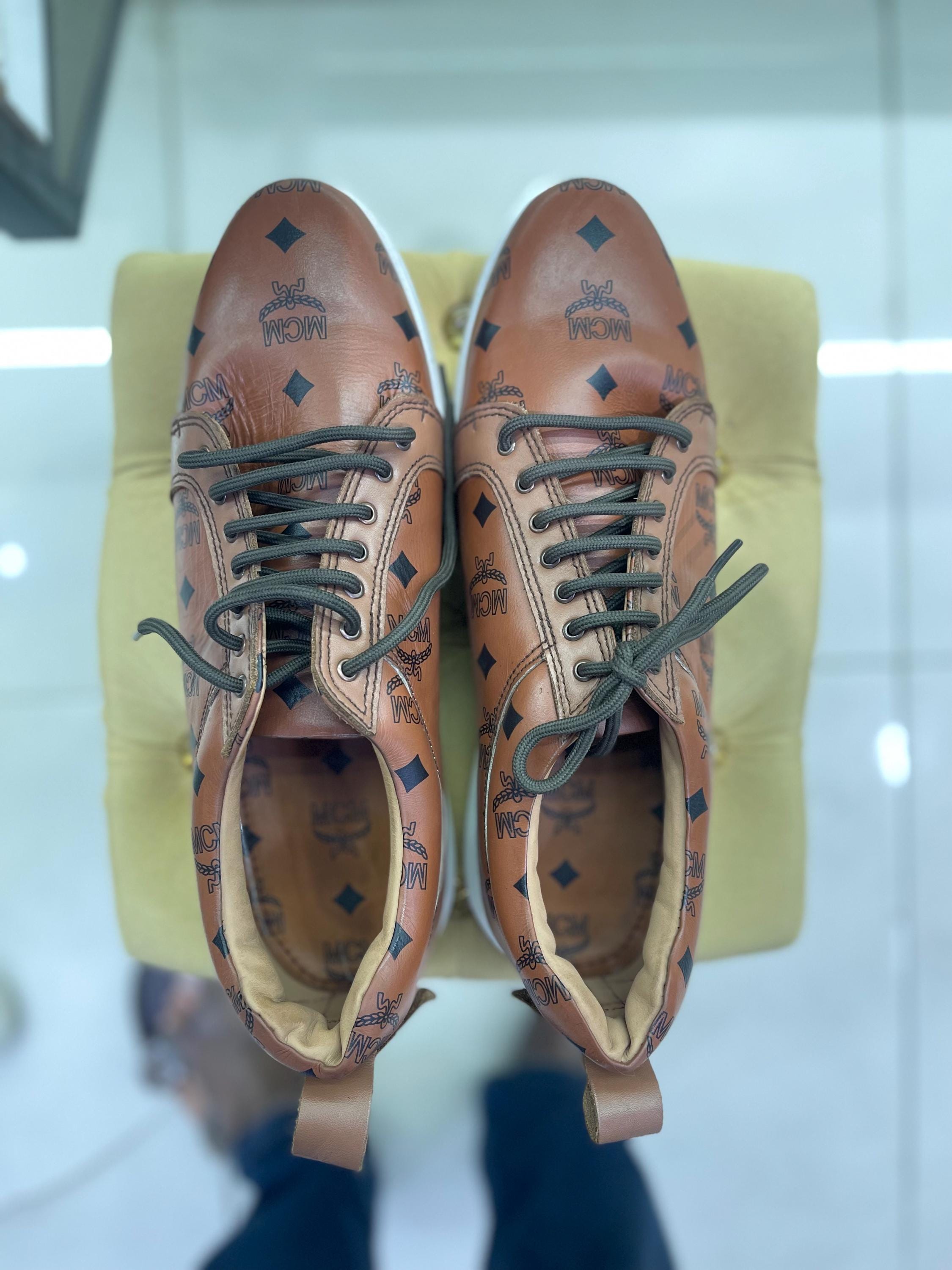 Luxury MCM Leather High-top Sneakers – Cognac Brown Monogram  display picture 1