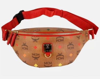 MCM Leather Waist Bag: Unisex Belt Bag with Red Strap