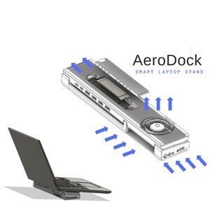 May include: Technical illustration of an AeroDock smart laptop stand. The stand is silver with a fan and multiple ports. A laptop is shown on the stand. Blue arrows indicate airflow. Text reads "AeroDock SMART LAPTOP STAND".