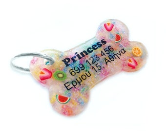 Fruit & Candy Sprinkles Bone Dog Tag - Night Glow - Personalized Custom Handmade Dog Pet ID - Resin - Colorful Glitter Collar Accessory