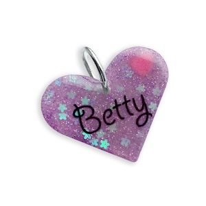 Cute Lilac Heart Dog Tag - Personalized Dog Charm - Glitter Heart in Custom Color - Waterproof Lightweight and Silent Dog Collar Accessory