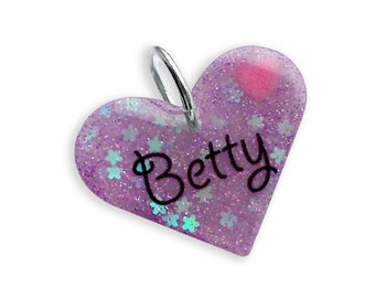 Cute Lilac Heart Dog Tag - Personalized Dog Charm - Glitter Heart in Custom Color - Waterproof Lightweight and Silent Dog Collar Accessory