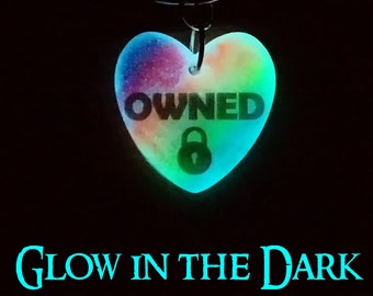 Glow in the dark BDSM slave charm - OWNED - Personalized BDSM jewelry - Rainbow or your choice of glitter color