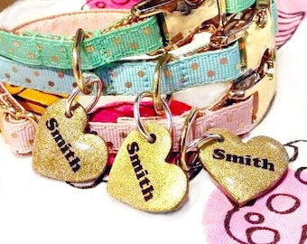 Personalized Tiny Pet ID Tag - GLOWING Gold 1" Heart Dog and Cat Name Charm - Cute Custom Dog Tag - Handmade Pet ID - Pet Collar Accessory