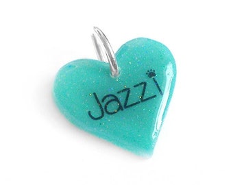 Turquoise Glitter Heart Pet ID Tag - Glow in the DARK - Cute Dog & Cat Bling 3.2 cm - Waterproof Handmade Dog Collar Accessory - Pet Charm
