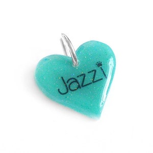 Turquoise Glitter Heart Pet ID Tag Glow in the DARK Cute Dog & Cat Bling 3.2 cm Waterproof Handmade Dog Collar Accessory Pet Charm image 1