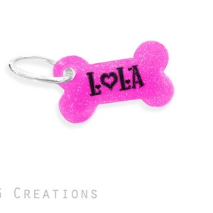 Glowing Small Bone Dog Tag Hot Pink Glitter or Custom Color Mini Personalized Handmade Dog Pet ID Female Dog Cute Collar Accessory image 1