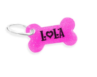 Glowing Small Bone Dog Tag - Hot Pink Glitter or Custom Color - Mini Personalized Handmade Dog Pet ID - Female Dog Cute Collar Accessory