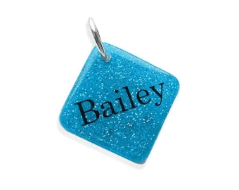 Diamond Dog ID Tag - GLOWING Blue or Custom Color - Personalized Dog Charm - Handmade Cute Dog Collar Accessory ID - Waterproof Square Large