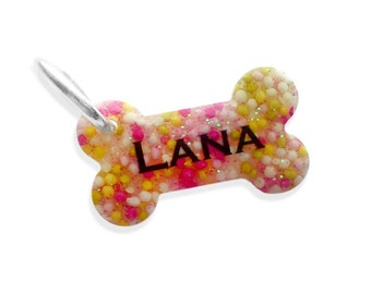 Small Bone Dog Tag Colorful Sprinkles - Mini Small Size - Personalized Custom Handmade Dog Pet ID - Resin - Female Dog Collar Accessory Cute