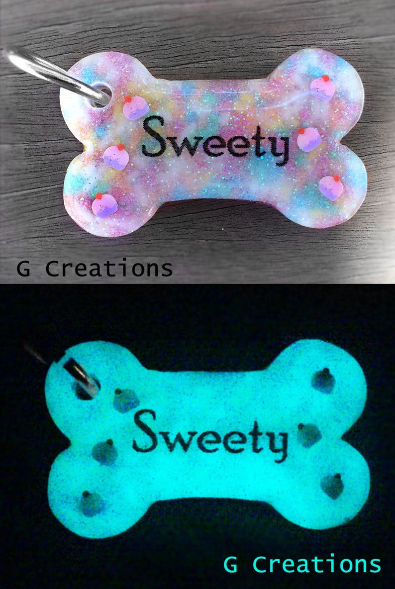 Fruit & Candy Sprinkles Bone Dog Tag Night Glow Personalized Custom Handmade Dog Pet ID Resin Colorful Glitter Collar Accessory image 9