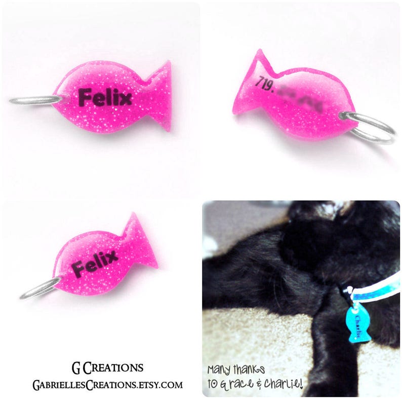 Glitter Fish Cat Tag GLOWING Custom Color Cat ID Pet Tag Resin Handmade Kawaii Cat Accessories Cat Collar Accessory Original & Cute image 2