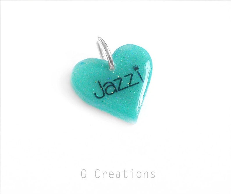 Turquoise Glitter Heart Pet ID Tag Glow in the DARK Cute Dog & Cat Bling 3.2 cm Waterproof Handmade Dog Collar Accessory Pet Charm image 1