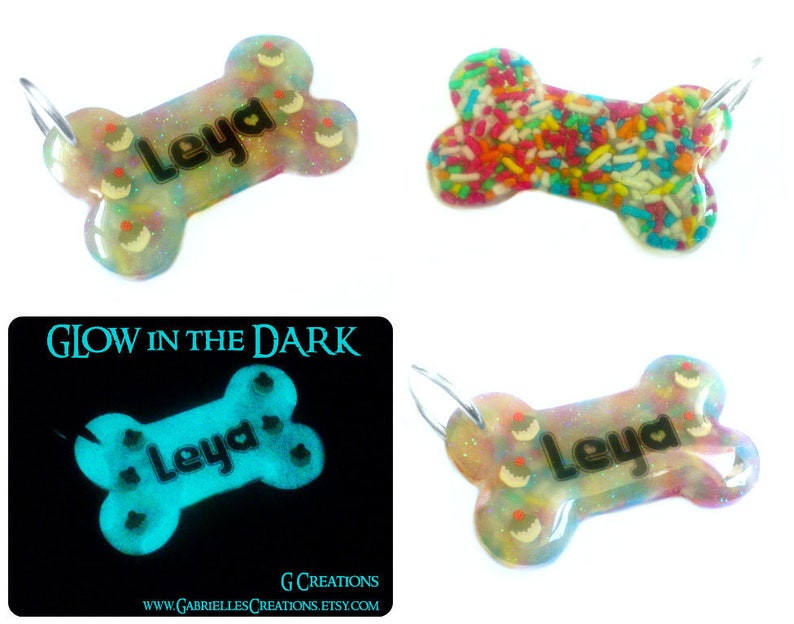 Fruit & Candy Sprinkles Bone Dog Tag Night Glow Personalized Custom Handmade Dog Pet ID Resin Colorful Glitter Collar Accessory image 2