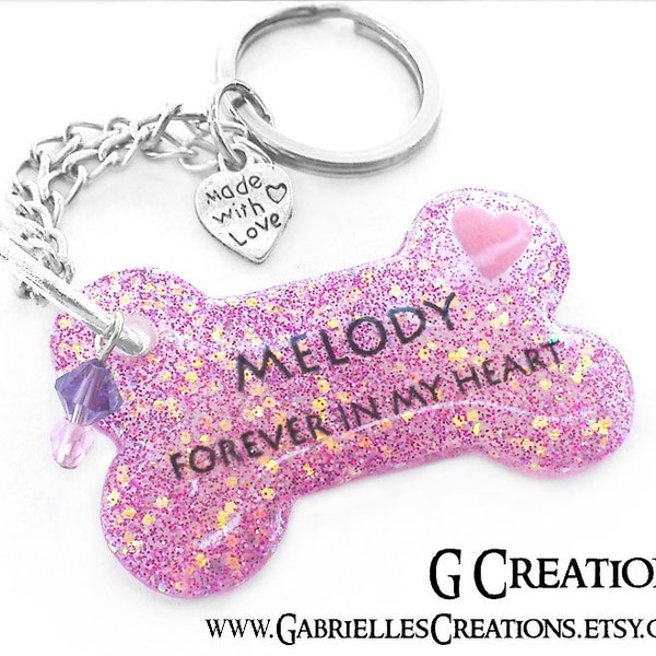 Dog Memorial Key Ring - Personalized Custom Key Chain -  Pet Memorial - Glitter bone Keyring - Handmade Remembrance Accessory