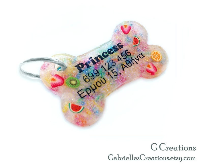 Fruit & Candy Sprinkles Bone Dog Tag Night Glow Personalized Custom Handmade Dog Pet ID Resin Colorful Glitter Collar Accessory image 1