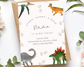 Dino-Four Birthday Invitation: Editable Dinosaur Party Invite (Digital Download)