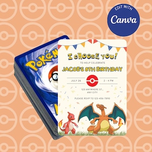 May include: A Pokemon-themed birthday invitation with a red and orange background. The invitation features a cartoon image of two Pokemon characters, Charmander and Charizard, with the text "I Choose You!" and "Jacob's 8th Birthday".