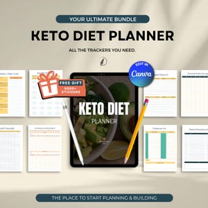 Op de afbeelding: Een digitale Keto Dieet Planner bundel met diverse trackers, waaronder een weekmenu, watertracker en slaaptracker. De planner wordt weergegeven op een tablet met een potlood en stylus, en bevat een gratis cadeau van 5000+ stickers.