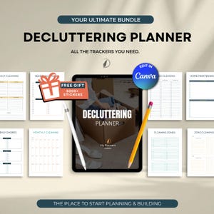 May include: A decluttering planner bundle with the text "DECLUTTERING PLANNER" on a tablet screen. The image includes a pencil, stylus, and several printable planner pages. The text "YOUR ULTIMATE BUNDLE" and "ALL THE TRACKERS YOU NEED" are also visible.