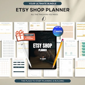 May include: An Etsy shop planner bundle with various printable pages, including shop branding, order forms, and product tags. The image features a tablet with the words "Etsy Shop Planner" and a pencil and stylus.