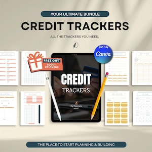 Op de afbeelding: Een digitale productbundel getiteld "Credit Trackers" met de tekst "Your Ultimate Bundle" en "All the Trackers You Need." De afbeelding bevat een tablet, een potlood en verschillende afdrukbare credit tracker sjablonen. Een cadeau-box grafiek leest "Free Gift 5000+ Stickers."