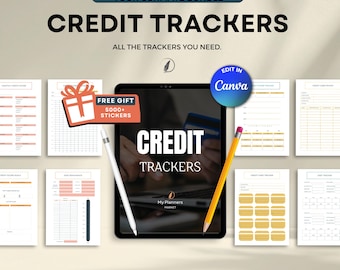 May include: A digital product bundle titled "Credit Trackers" with the text "Your Ultimate Bundle" and "All the Trackers You Need." The image includes a tablet, a pencil, and several printable credit tracker templates. A gift box graphic reads "Free Gift 5000+ Stickers."