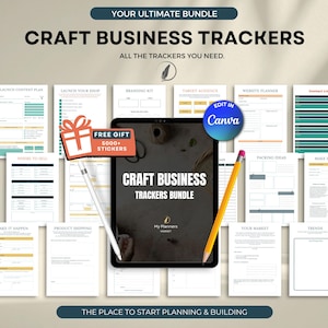 May include: A bundle of craft business trackers with the text "Craft Business Trackers Bundle" on a tablet. The image includes various planning sheets, a gift box with stickers, a stylus, and a pencil. The text "Edit in Canva" is also visible.