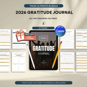 May include: A digital gratitude journal bundle for 2026, featuring a tablet with the title "Gratitude Journal" and various tracker pages. Includes a free gift of 5000+ stickers. The bundle is designed for planning and building.