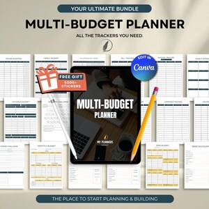 Puede incluir: Un paquete de planificador multisuplementario con varios rastreadores, incluyendo compras en línea, presupuesto familiar y rastreador de ingresos. La imagen presenta una tableta con el planificador mostrado, un lápiz y un lápiz óptico. Incluye un regalo gratuito de más de 5000 pegatinas.