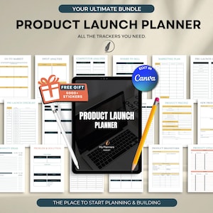 May include: A product launch planner bundle with various trackers, including SWOT analysis, competitor analysis, and marketing plan templates. The image features a tablet with the words "Product Launch Planner" and a pencil. Includes a free gift of 5000+ stickers.
