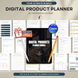 May include: A digital product planner bundle with the text "DIGITAL PRODUCT PLANNER" and "ALL THE TRACKERS YOU NEED." The image includes a tablet, various worksheets, and a "FREE GIFT" sticker. The bundle is designed for digital product planning.