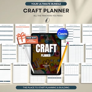 Puede incluir: Un paquete de planificador de manualidades con varios rastreadores, incluido un rastreador de proyectos de regalos y un plan semanal. El centro es una tableta que muestra "Craft Planner" con suministros de manualidades. Incluye un regalo gratuito de más de 5000 pegatinas.