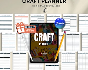 May include: A craft planner bundle featuring trackers for various projects, including a gift project tracker and a weekly plan. The central image is a tablet displaying "Craft Planner" with craft supplies. Includes a free gift of 5000+ stickers.