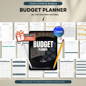 Puede incluir: Un paquete de planificador de presupuesto con varios rastreadores financieros. La imagen incluye una tableta que muestra las palabras "Budget Planner", un lápiz y un lápiz óptico. También se muestran páginas adicionales para tarjetas de crédito, cuentas bancarias y presupuestos mensuales.