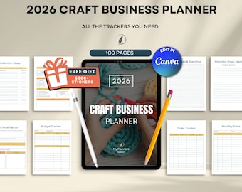 Może przedstawiać: Cyfrowy planer biznesowy rzemieślniczy na rok 2026, z tabletem wyświetlającym "Craft Business Planner" i ołówkiem. Obraz zawiera strony do śledzenia pomysłów, budżetów i zamówień. Planer oferuje 100 stron i darmowy prezent w postaci 5000+ naklejek.