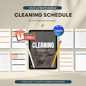 May include: A digital cleaning schedule bundle with the text "CLEANING SCHEDULE" and "ALL THE TRACKERS YOU NEED." Includes a tablet, checklists, and a gift box with "FREE GIFT 5000+ STICKERS." The bundle is editable in Canva.