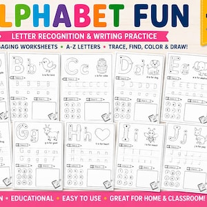 Puede incluir: Un conjunto de 26 hojas de trabajo educativas tituladas Alphabet Fun, enfocadas en el reconocimiento de letras y práctica de escritura. Cada página incluye líneas para trazar, actividades de búsqueda, secciones para colorear y dibujar.