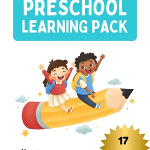May include: A colorful cover for a preschool learning pack. The cover features two children riding a yellow pencil, with the text "PRESCHOOL LEARNING PACK" in a blue rectangle. The cover also includes the text "17 Pages" and a "Download" button.