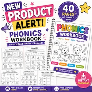 Peut inclure: Un cahier d'exercices de phonétique à reliure spirale comprenant 40 pages d'activités éducatives. La couverture présente le texte PHONICS WORKBOOK, Learn Read Write Succeed, et des illustrations d'enfants lisant. Inclut des fiches sur les mots CVC.