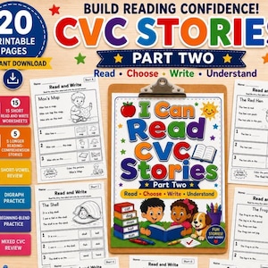 May include: A collection of 20 printable educational pages titled Build Reading Confidence! CVC Stories Part Two. The set includes worksheets with short stories, reading comprehension tasks, and illustrations of children, animals, and objects.