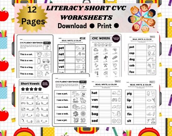Literacy CVC Short Vowel Worksheets for Kids – 12 Printable Pages | Phonics & Reading Practice PDF