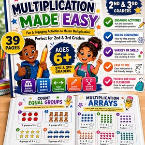 Puede incluir: Un libro de ejercicios de multiplicación titulado Multiplication Made Easy para alumnos de 2º y 3º grado, con ilustraciones de dos niños, un lápiz amarillo grande e iconos educativos. La portada indica 39 páginas y edad 6+. El libro abierto muestra ejercicios de matemáticas.