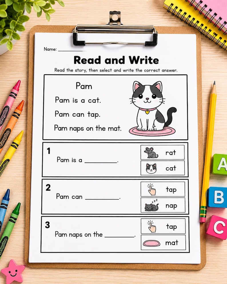 Kindergarten CVC Stories Worksheets | Phonics Reading Comprehension