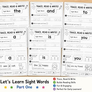 May include: A set of six educational worksheets titled Trace, Read & Write, featuring sight words like the, and, to, a, is, and you. Each page includes tracing lines, writing practice, sentence reading, and small illustrations for early learners.